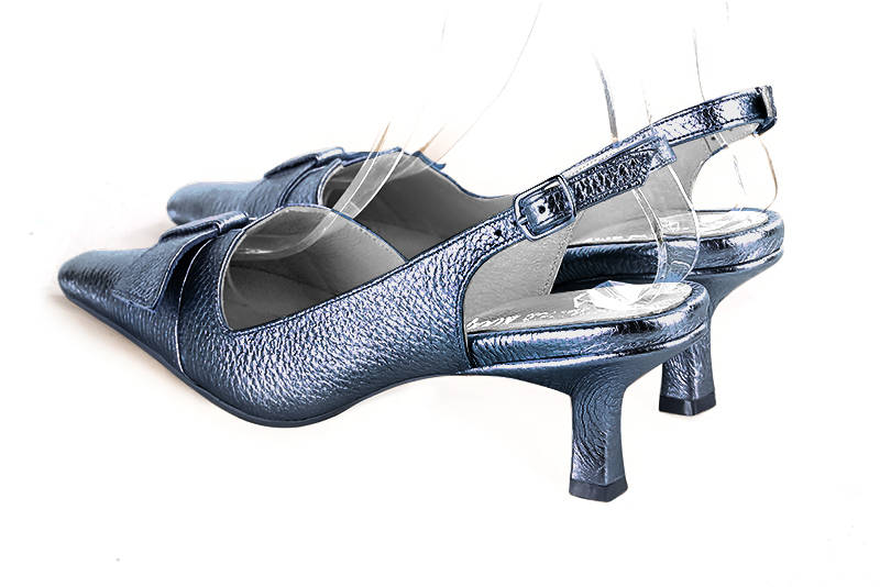 Denim blue women's slingback shoes. Tapered toe. Medium spool heels. Rear view - Florence KOOIJMAN